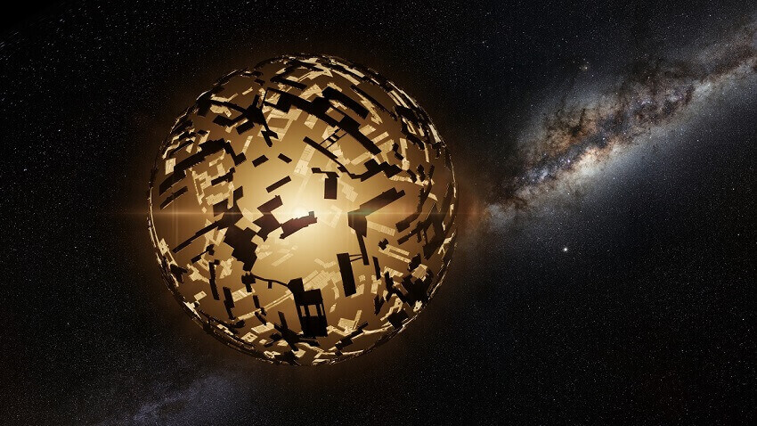 An artist's impression of a Dyson sphere - a fragmented sphere around a bright star, with the Milky Way in the background
