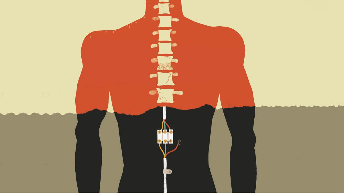 an illustration of a persons back. The top half has a spine and the bottom half has a switch with a broken wire