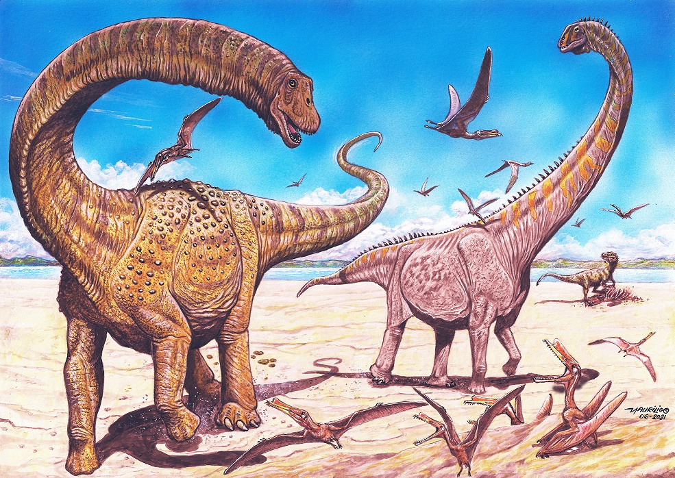 Two huge long neck dinosaurs, one is orange and one is pink with orange stripes on its neck. There are pterosaurs sitting on the ground