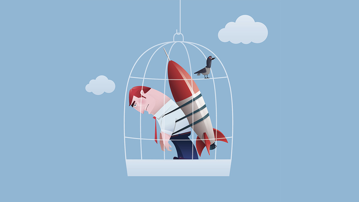 Caged businessman with rocket