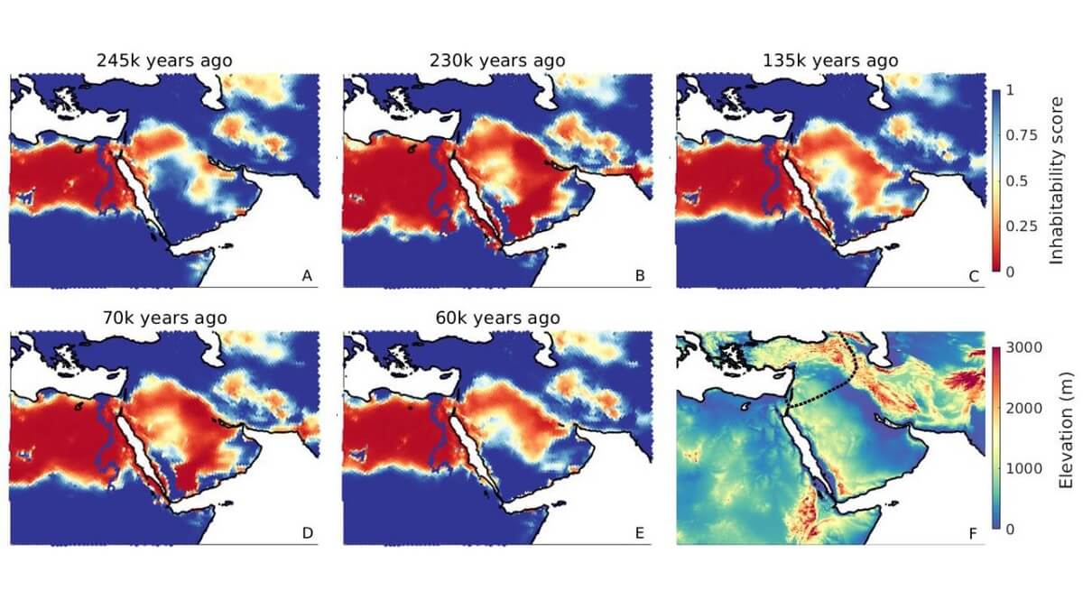 A series of six maps showing the north east corner of Africa and where rain fell during different millennia