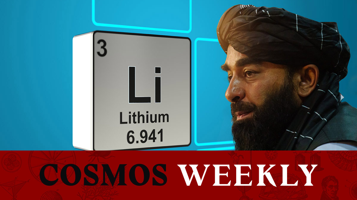 Composite image of Taliban spokesperson next to lithium element