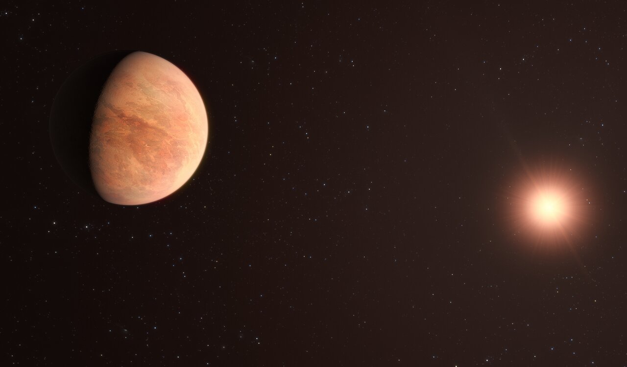 Artist's impression of a planet on the left with a star on the right on a black starry background