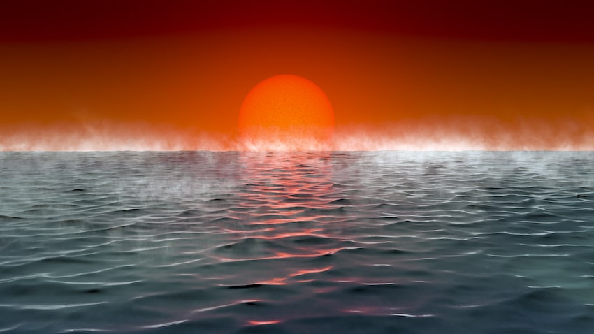 A sunset over an alien ocean on a Hycean exoplanet