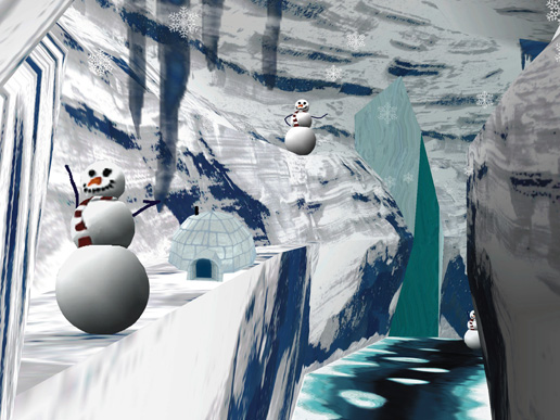 An animated scene with two snowmen and an igloo.