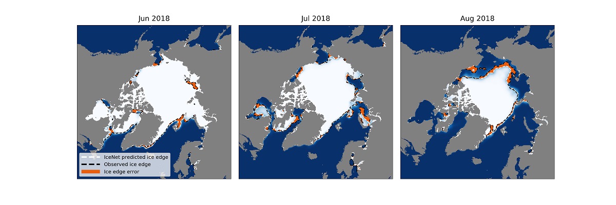 Three modelled images showing the change in sea ice cover in june, july and august 2018, decreasing in each month.