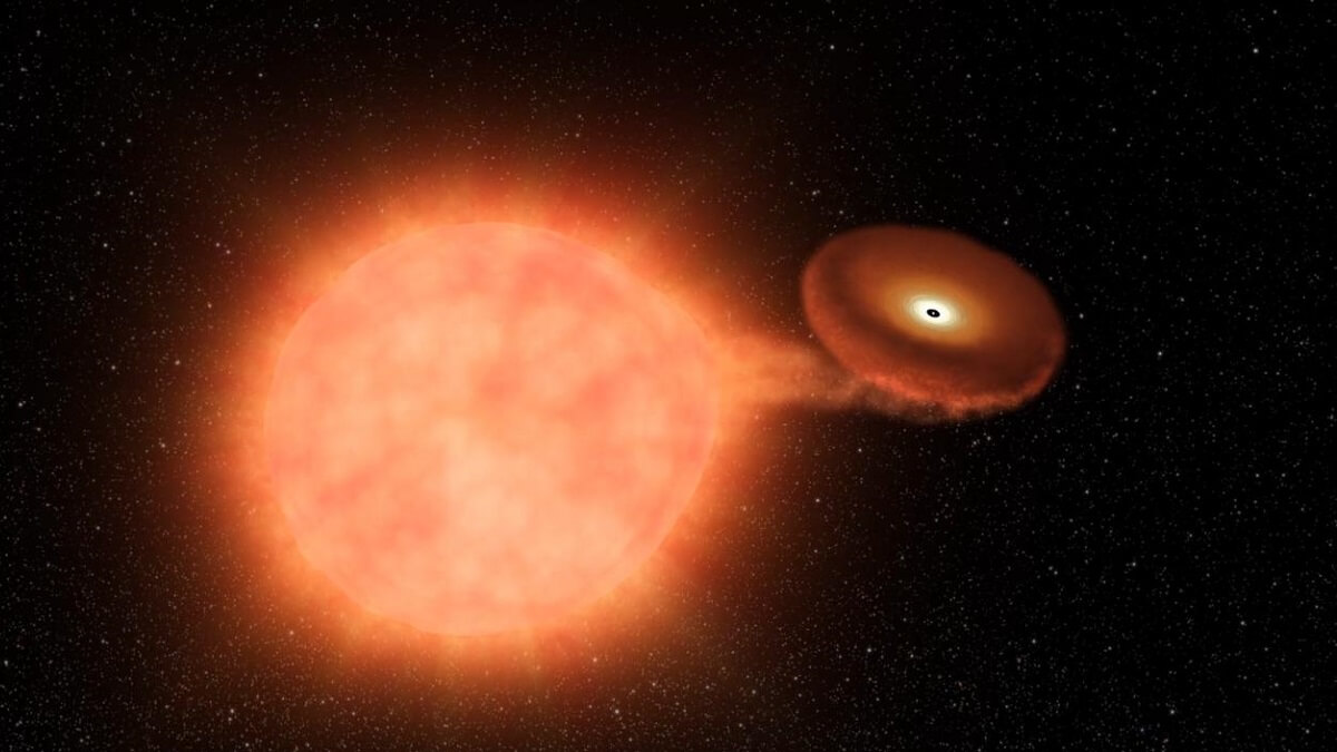 Artist's impression of one large red star on the left, and another smaller star on the right stearling material from the first star.