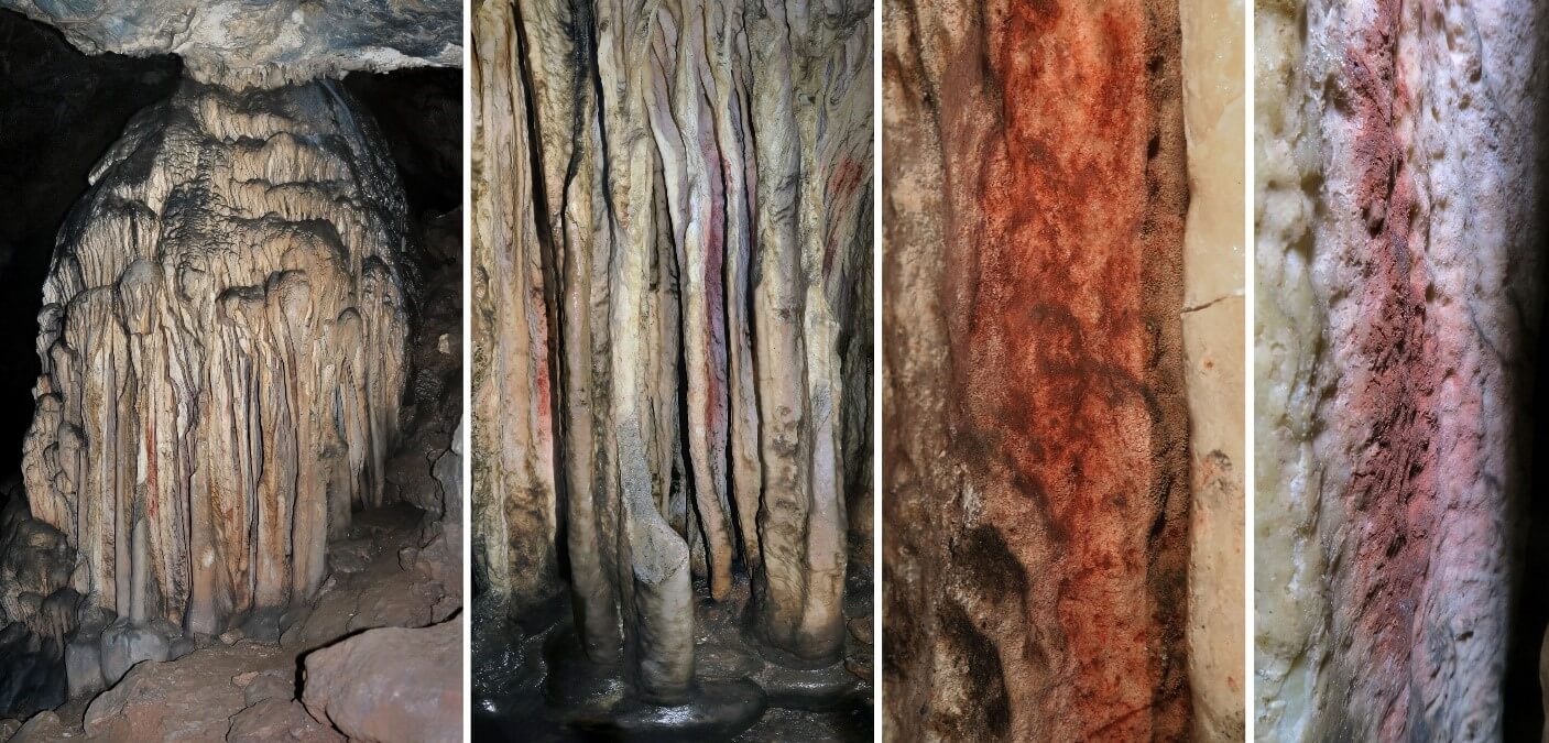 Four images of stalagmites with red pigment