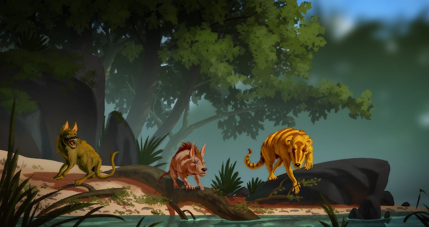 ullustration of three cat like creatures outside, standing on a log. They are all orange and one has small black stripes.