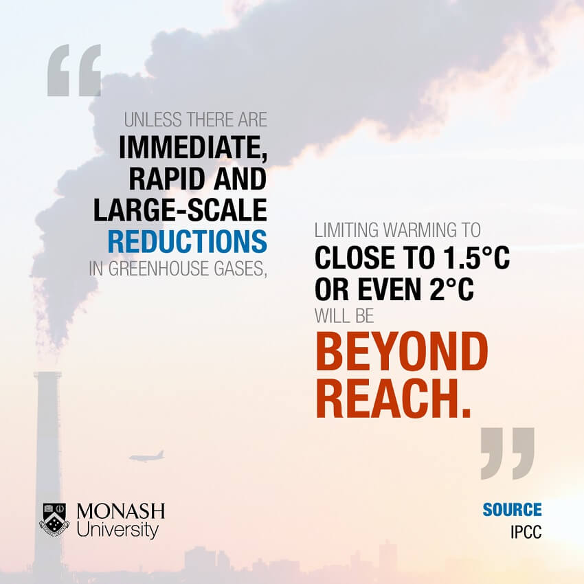 Text reads: "unless there are immediate, rapid and large-scale reductions in greenhouse gases, limiting warming to close to 1. 5 degrees celsius or even 2 degrees celsuis will be beyond reach. "
