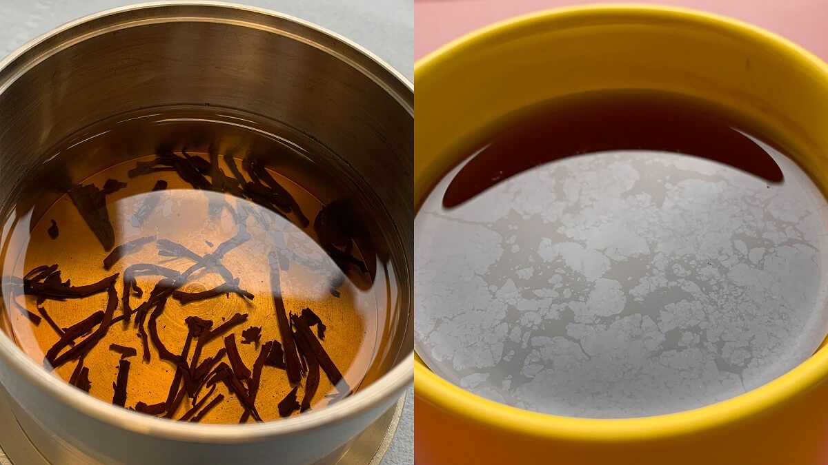 two cups of tea, each with an oily film visible on top