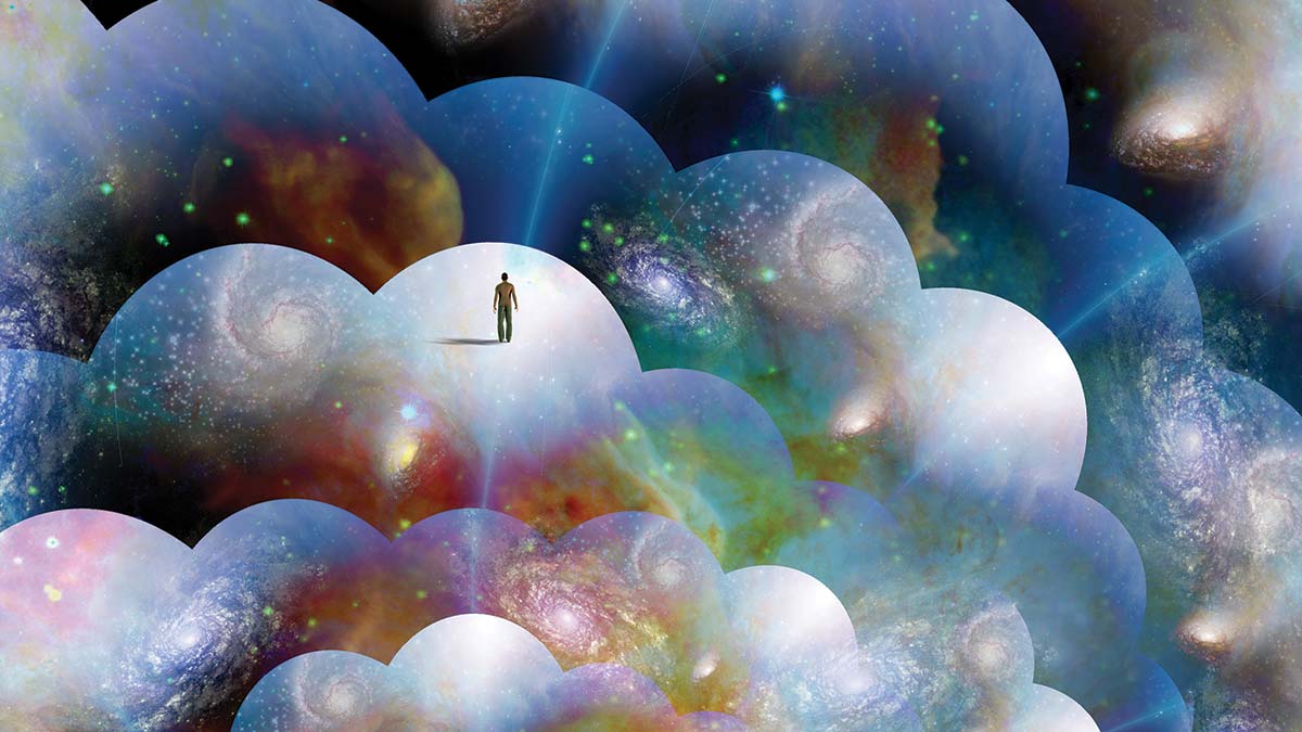 illustration of person standing among galaxies