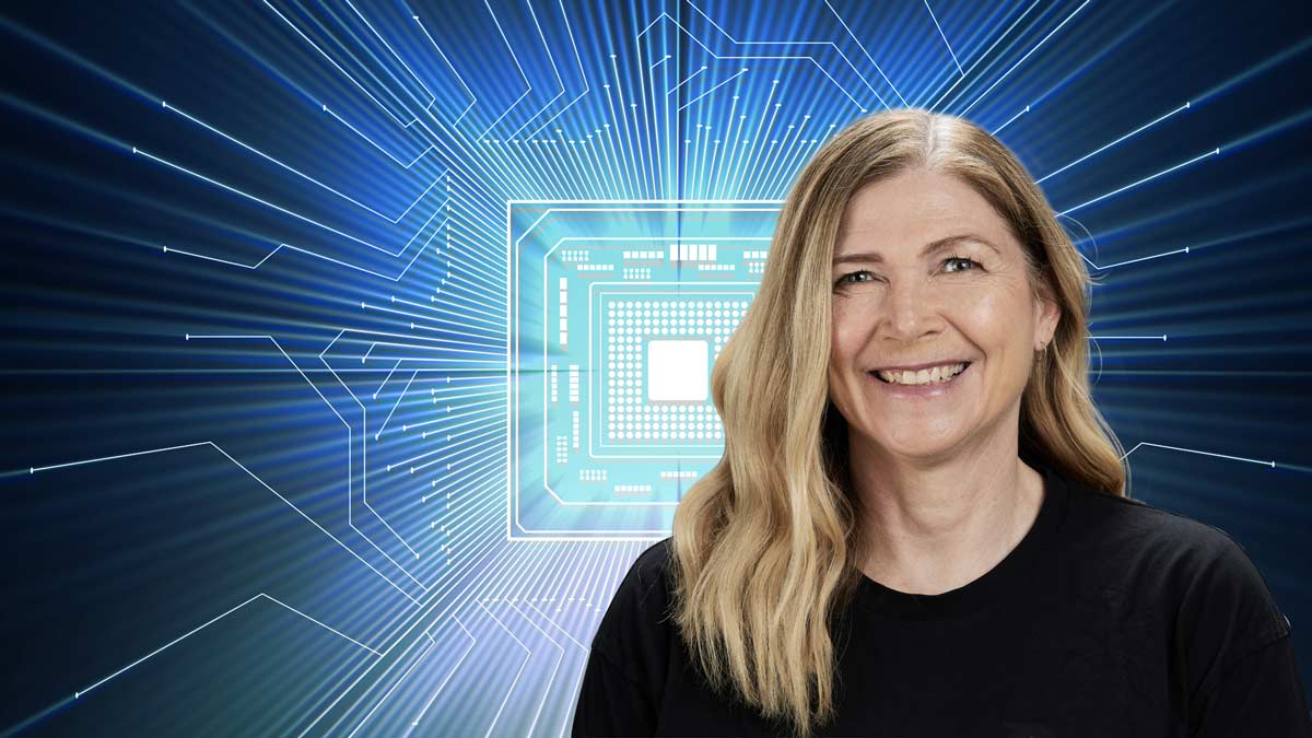 sue keay in front of a microchip background
