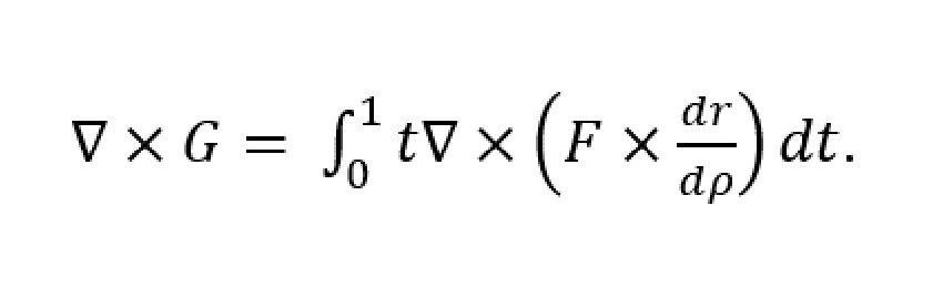 Equation saying ∇×g= ∫1,0,t∇×(f×dr/dρ)dt