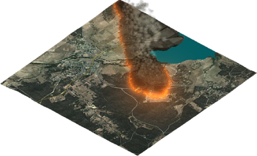 Computer-generated image of bushfire spreading through environment