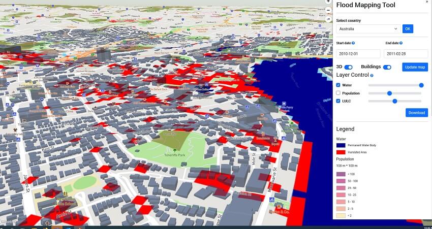 Screen shot of flood mapping interface showing map of brisbane