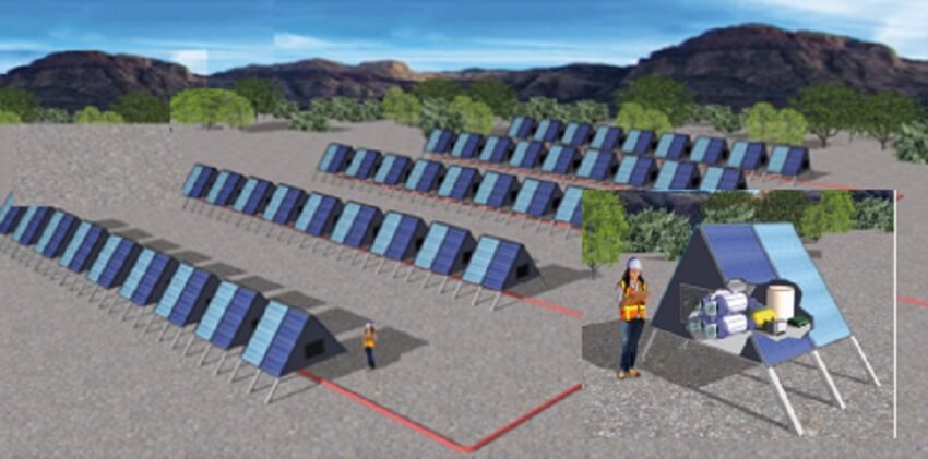 Digitally generated image of line of solar panels, with schematic of carbon removal module in the foreground