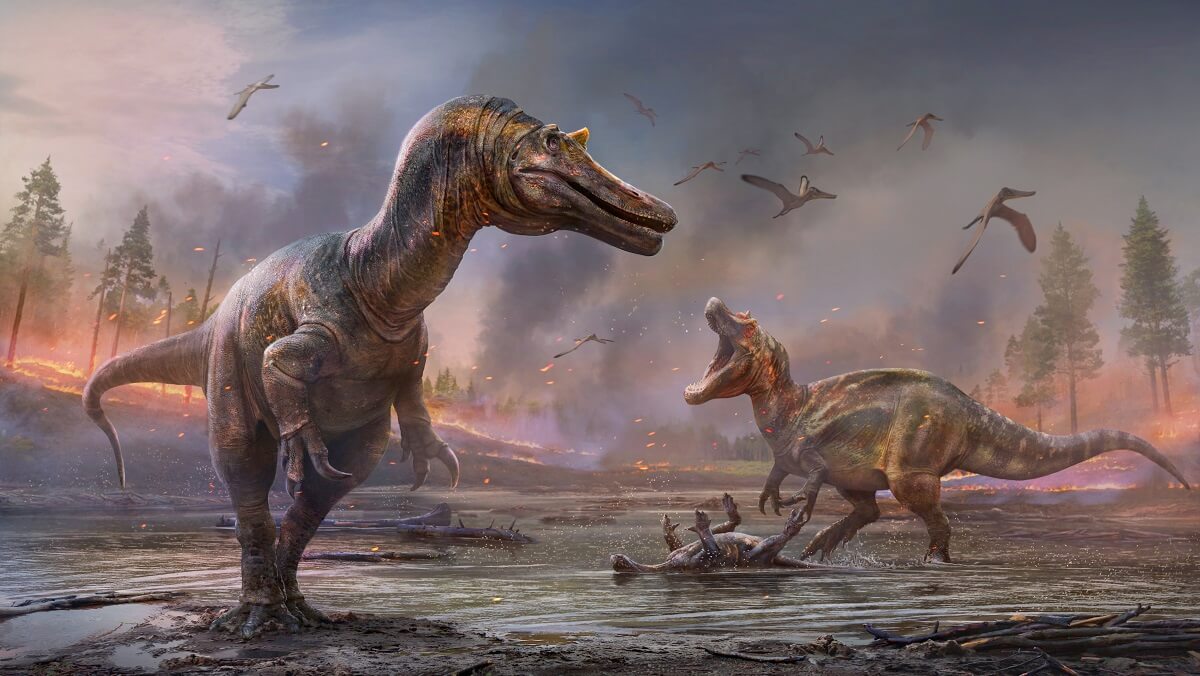 an illustration of two big dinosaurs standing in shallow water. onee small dinosaur is lying upside down in water