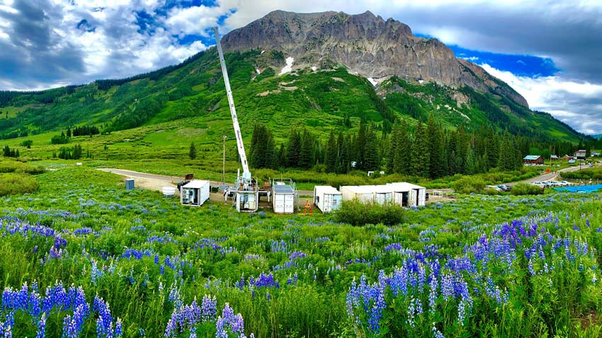 Landscape with shipping containers in front of a mountain with lupine flowers in the foreground
