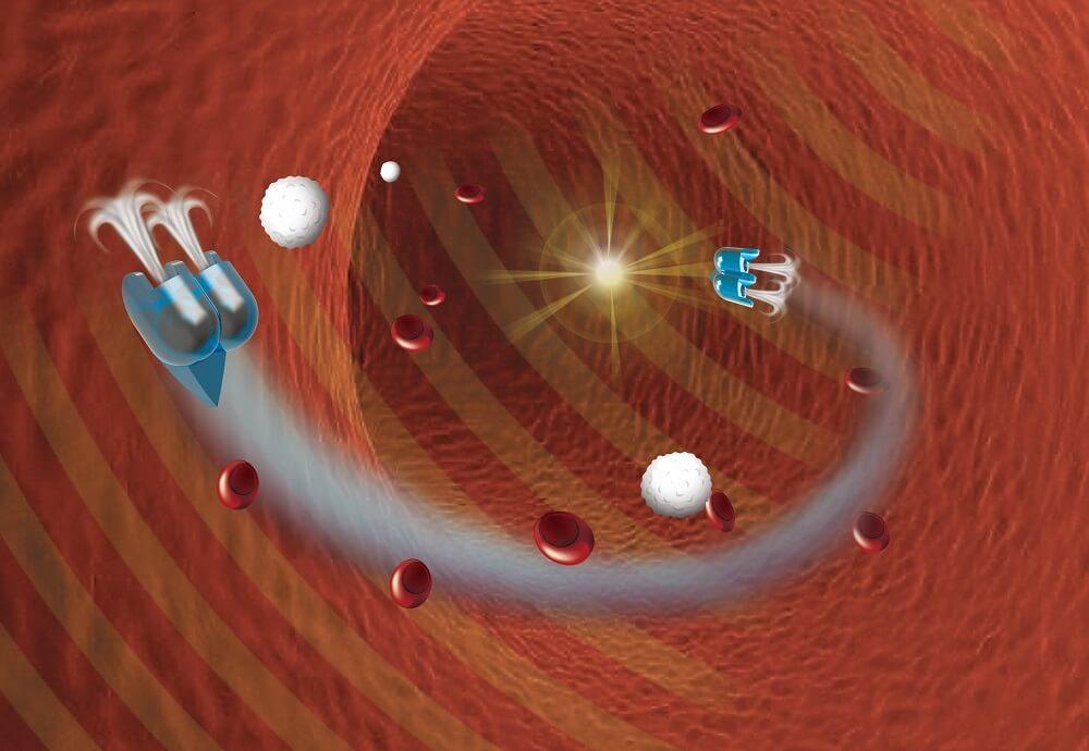 Two blue nanobots swimming through a blood stream