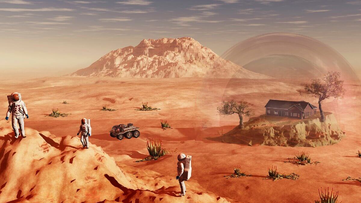 Illustration of three astronaughts on red rock. Behind them is a 3 wheel vehicle and a house under a dome