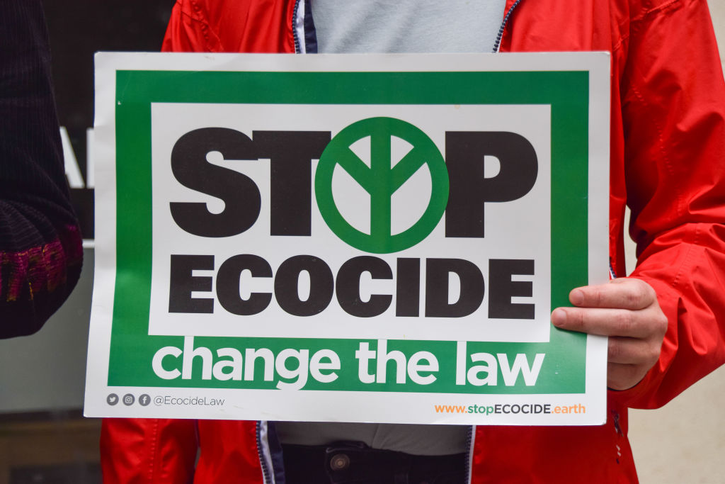 A protester holds a placard which says 'stop ecocide, change the law'.