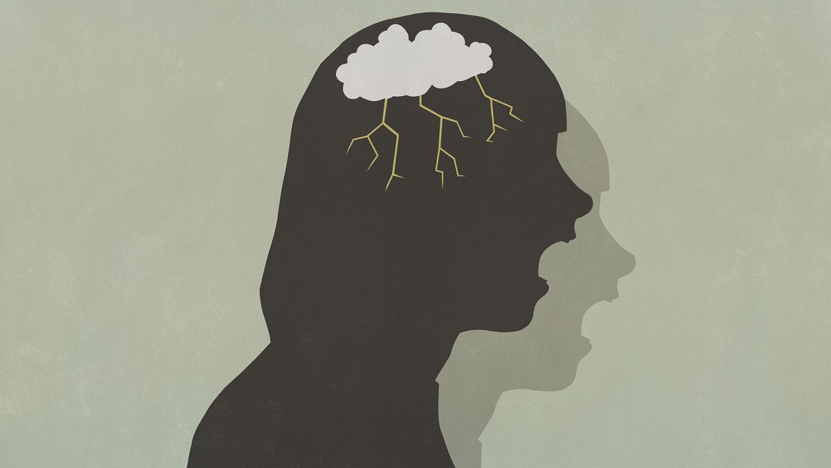Profile silhouette screaming woman with storm cloud in head - stock illustration