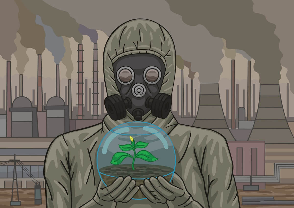 Illustration of person in gas mask holding a terrarium