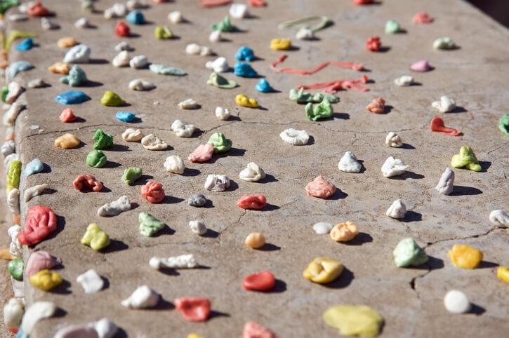 Chewing gum collection on a cement benc