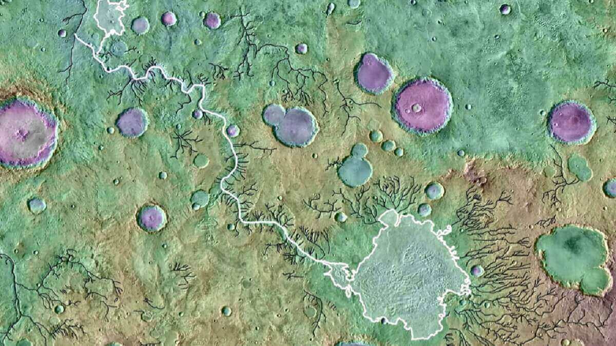 A false colour aerial image showing river valleys on Mars
