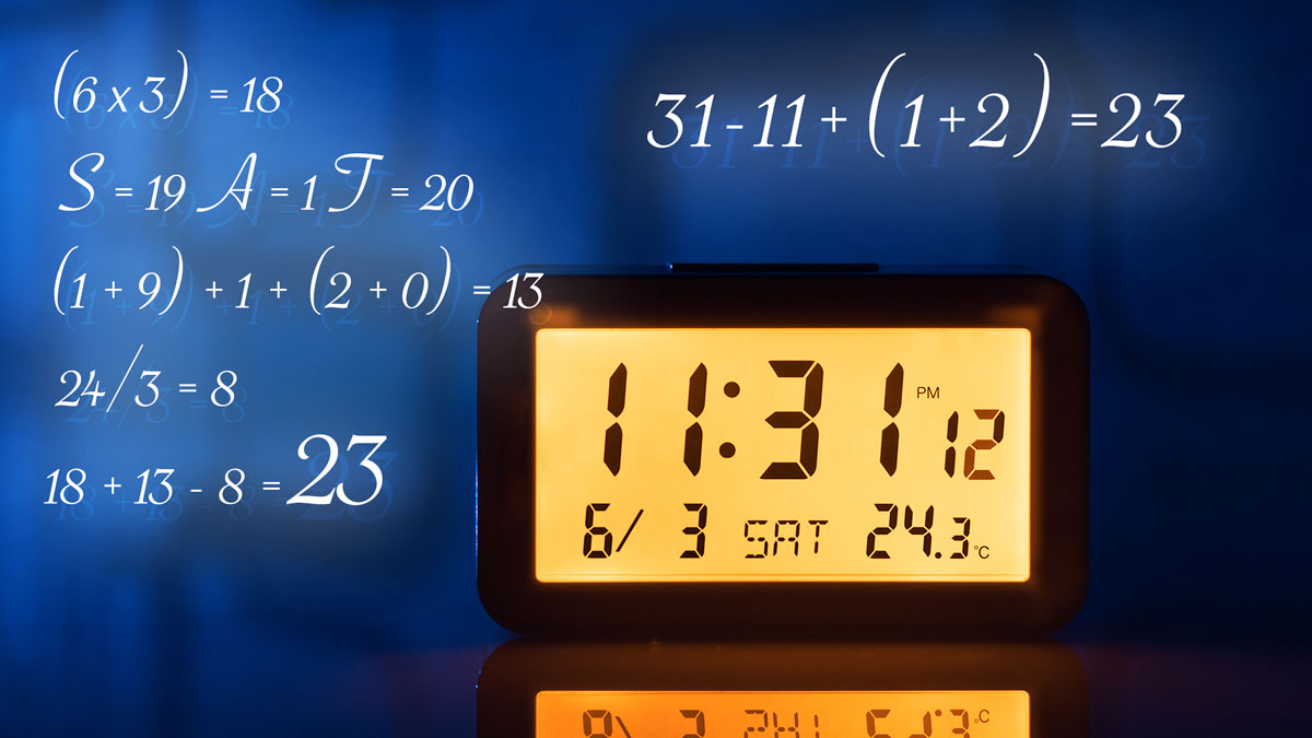 Orange Colored Illuminated Digital Clock at Mid-night surrounded by math images