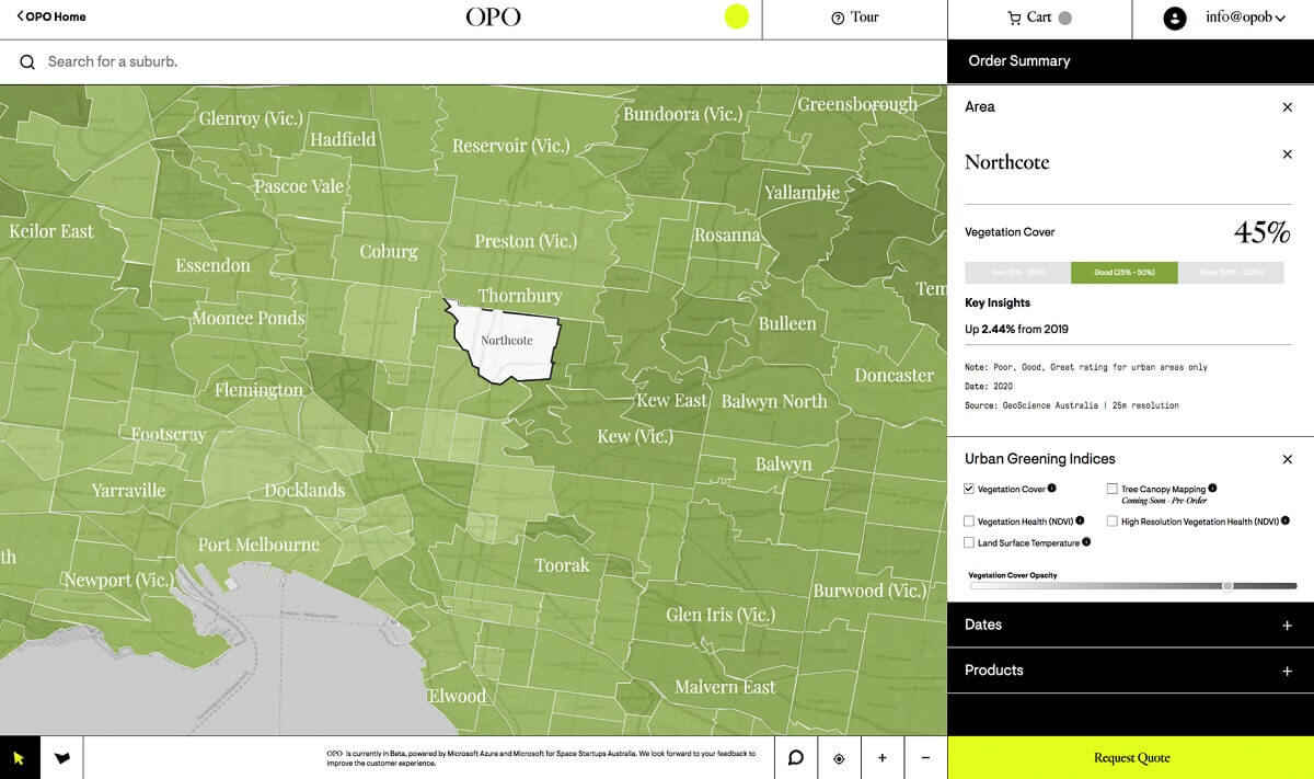 Screenshot of a tool showing vegetation cover of melbourne's suburbs