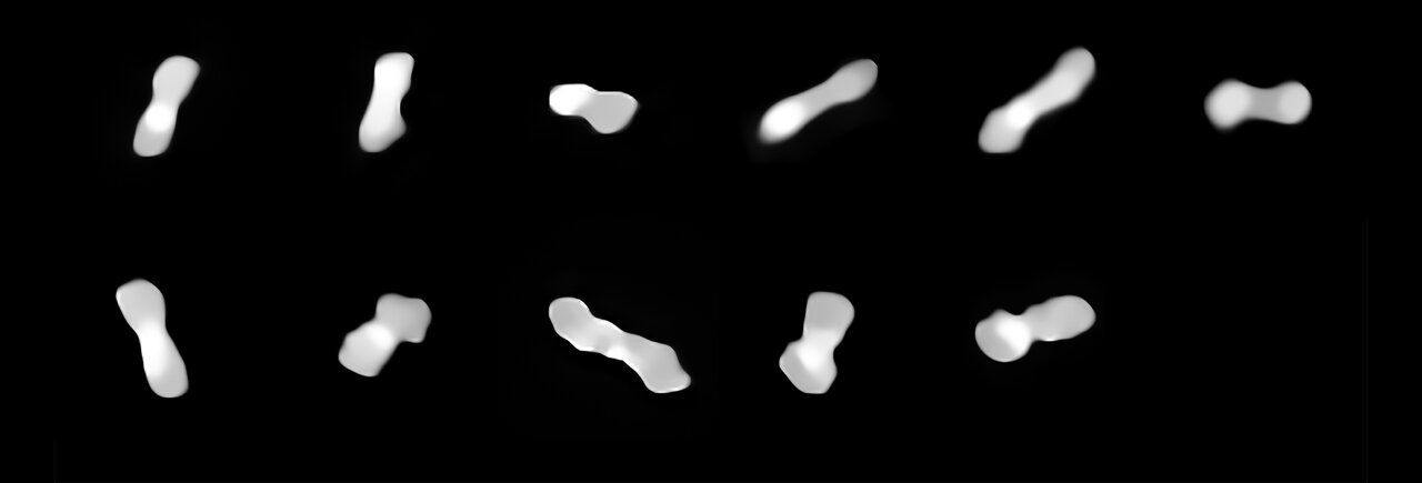 Eleven images of a white asteroid on black background, at different orientations