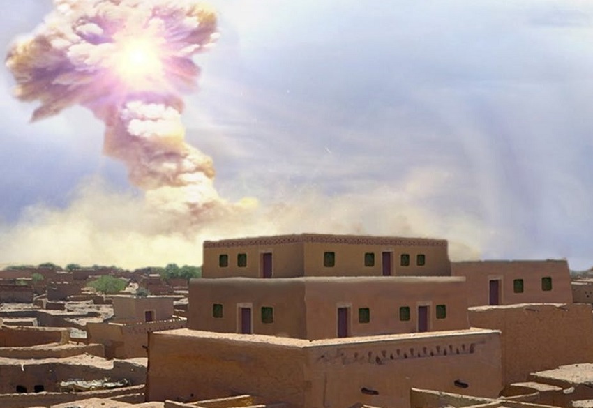 an ancientcity with an explosion in the background