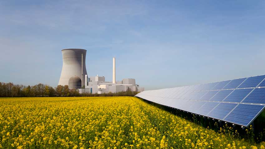 Solar panels in a field of yellow flowers with a nuclear reactor in the background
