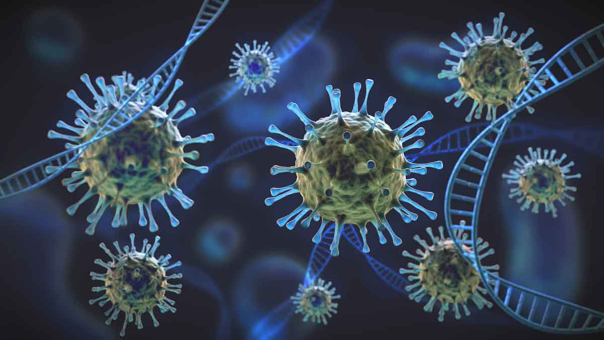 image of coronovirus particles and DNA strands