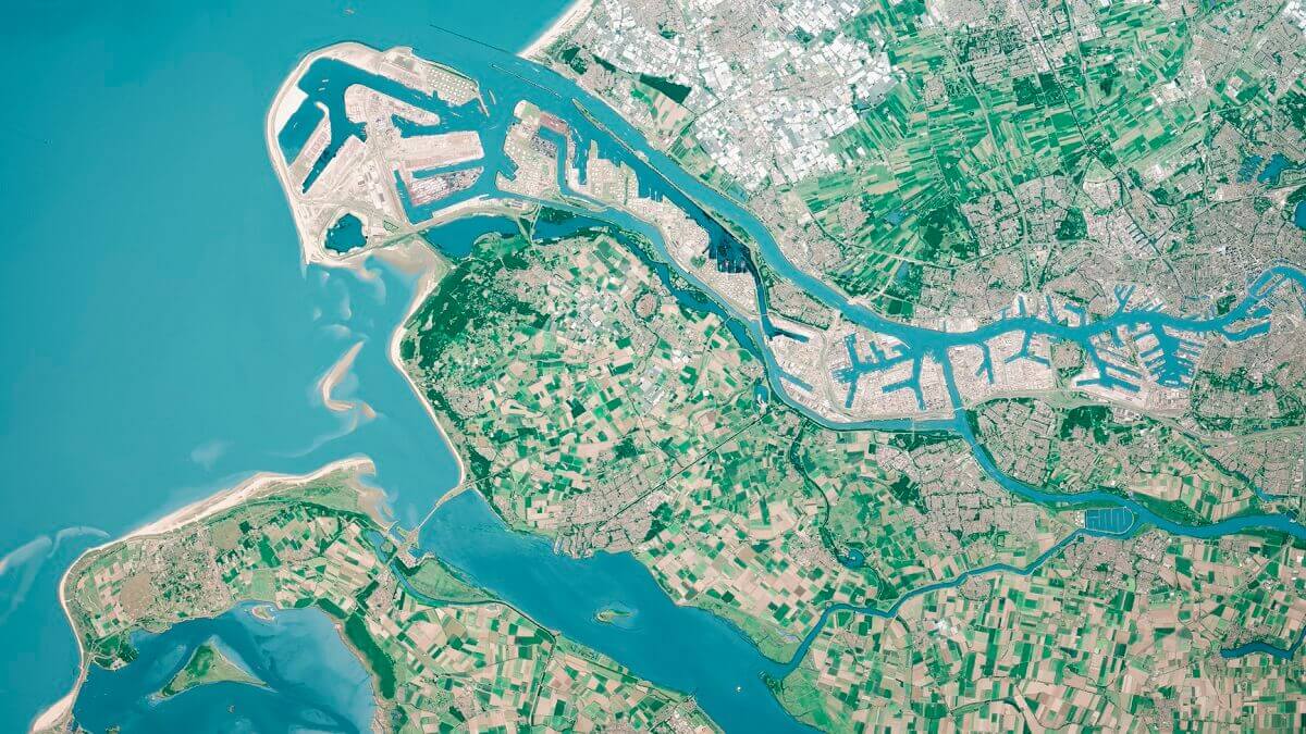satellite image of coast showing hardened artificial buildings