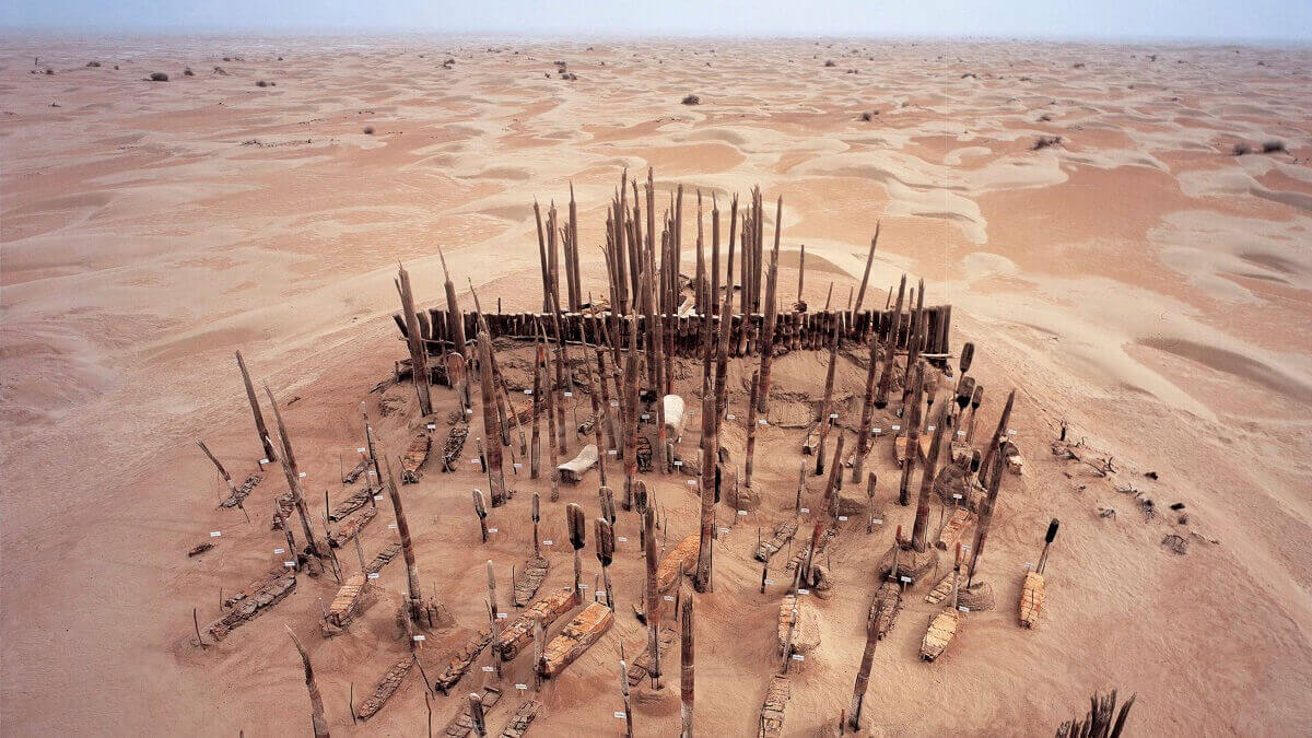 Aerial view of archaeological site in desert