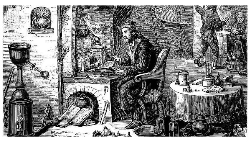 black and white engraving of an alchemist in a laboratory