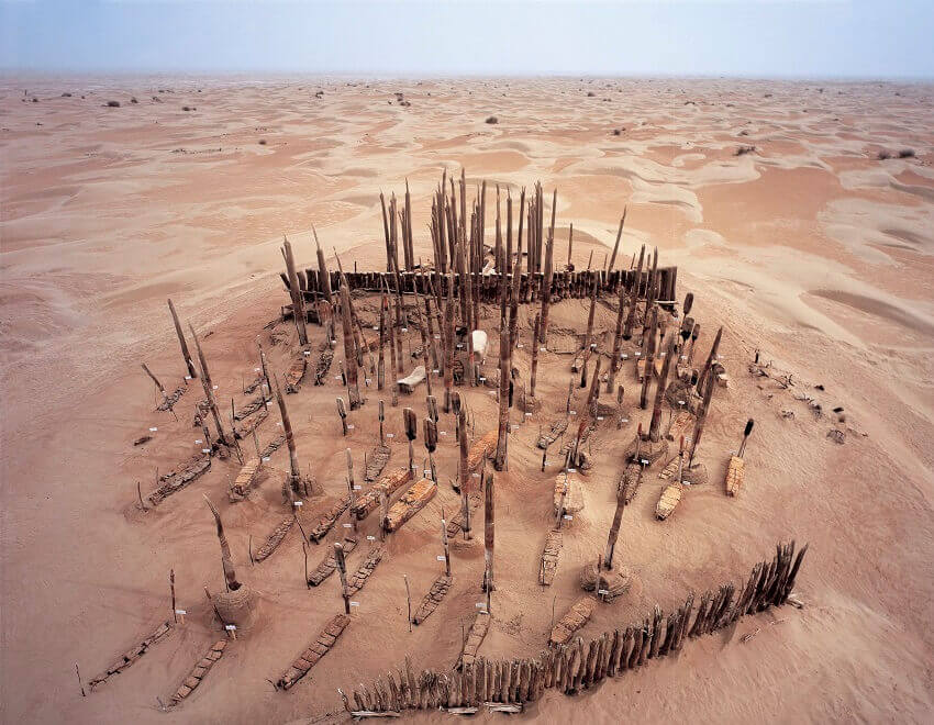 Aerial view of archaeological site in desert