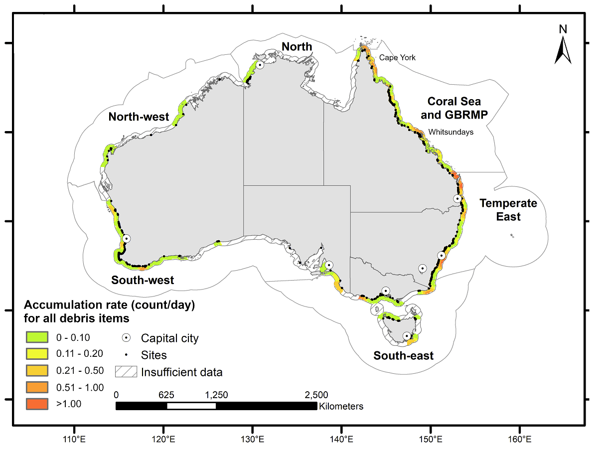 A map of australia showing plastic hotspots along coast, colour-coded