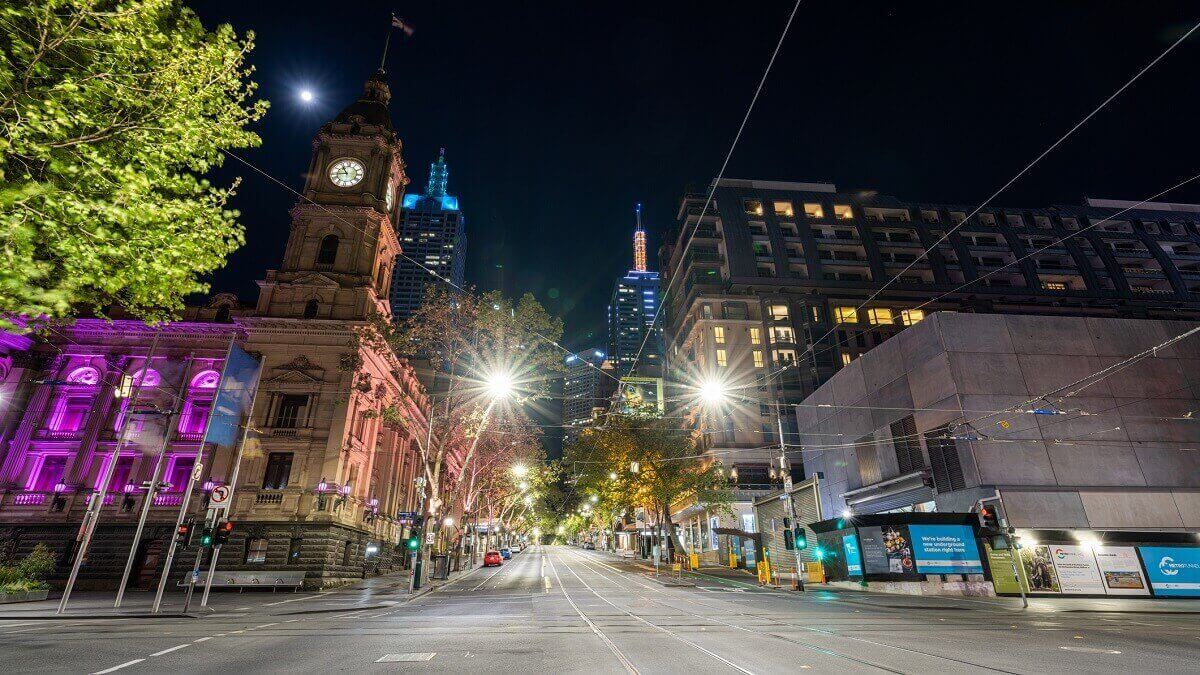 An empty street in front of Melbourne Town Hall