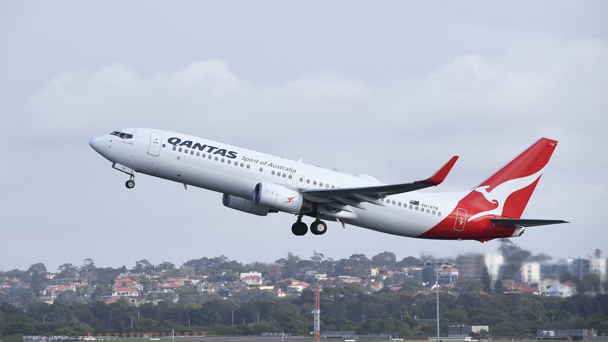 A quantas plane taking off from an airport. It is white and has a red tail with a white kangaroo on it