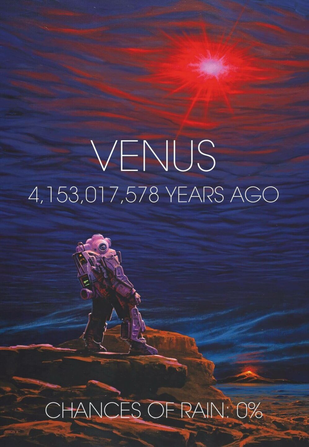 An illustrated poster showing a person in a spacesuit on the surface of venus