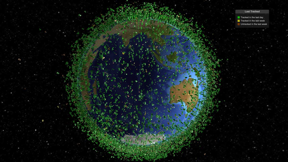 3d image of earth surrounded by satellites