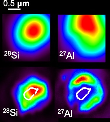 Four panels showing a stardust grain in false colour