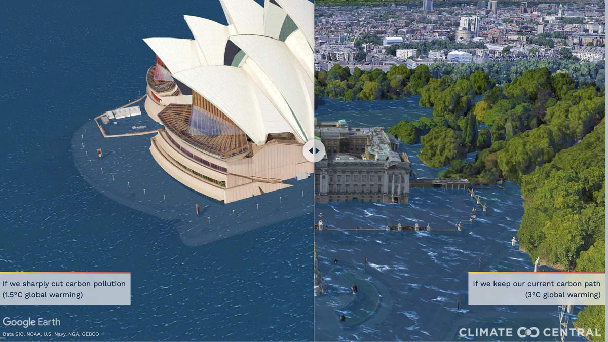 Graphic showing effect of carbon emissions on Sydney Opera House and Buckingham Palace