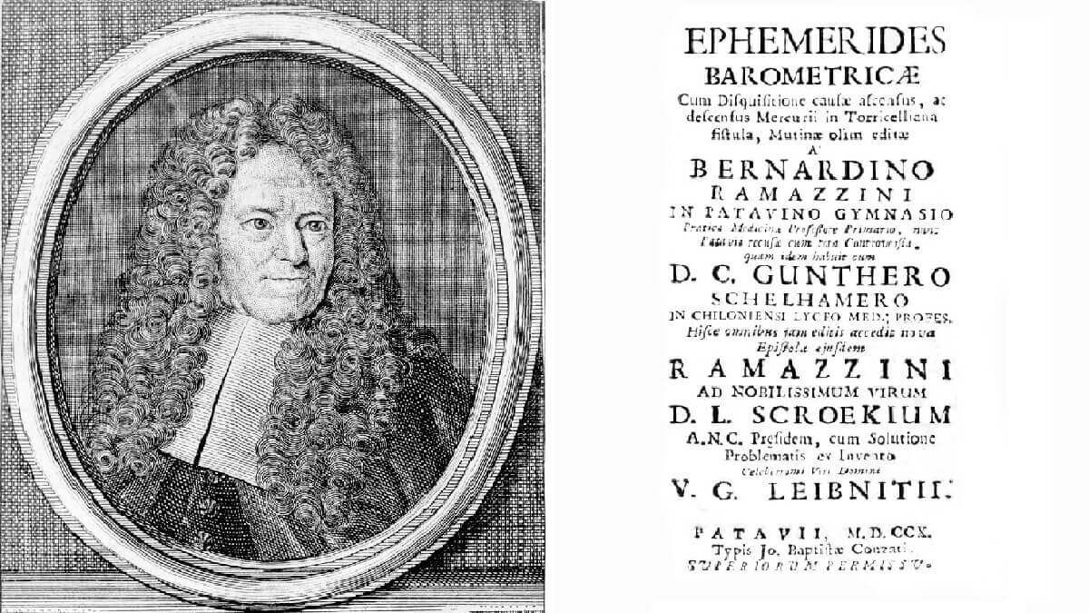 Portrait of Bernardino Ramazzini (1633-1714), father in industrial hygiene. Engraving.