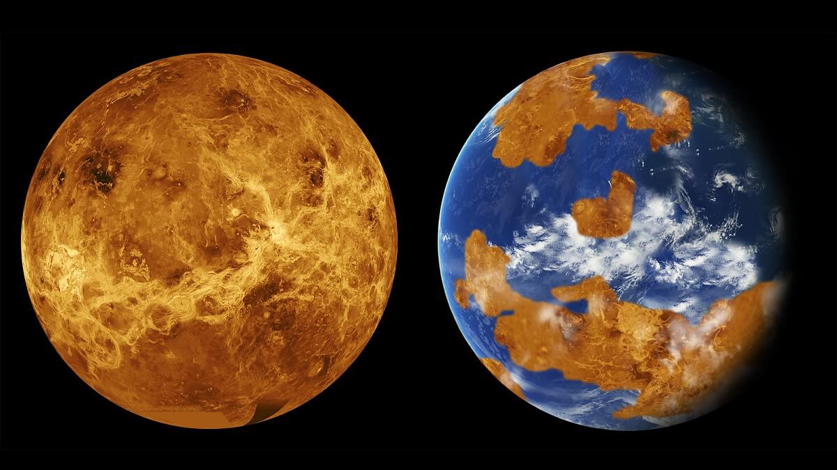 On left is a picture of Venus showing an orange, bone dry planet. Right is a simulated model of Venus showing what it might look like with oceans.