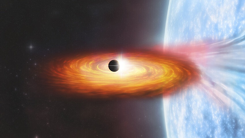 Illustration of a black hole pulling in mass from a big blue star, with the intergalactic exoplanet orbiting it